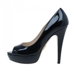 مملوكة مسبقًا Prada Black Patent Peep Toe Platform Pumps Size 36