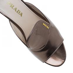 Prada Bronze Metallic Saffiano Wedge Slides Size 38.5