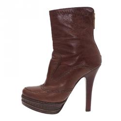 Pre Owned Prada Brown Leather Platform Ankle Boots Size 38
