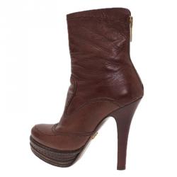 Pre Owned Prada Brown Leather Platform Ankle Boots Size 38