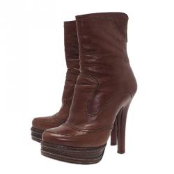 Pre Owned Prada Brown Leather Platform Ankle Boots Size 38