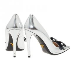 Prada Silver Metallic Leather Bow Pointed Toe Pumps Size 35.5