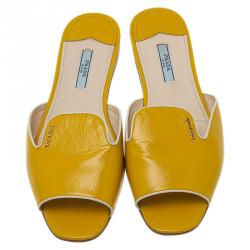 Pre Owned Prada Yellow Saffiano Leather Flat Slides Size 39