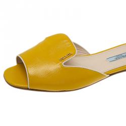 Pre Owned Prada Yellow Saffiano Leather Flat Slides Size 39