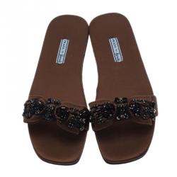 Pre Owned صندل سلايد برادا فور هارودز ستان بني مزين بفيونكة مقاس 38