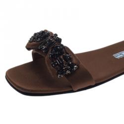 Pre Owned صندل سلايد برادا فور هارودز ستان بني مزين بفيونكة مقاس 38