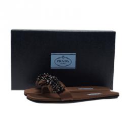 Pre Owned صندل سلايد برادا فور هارودز ستان بني مزين بفيونكة مقاس 38