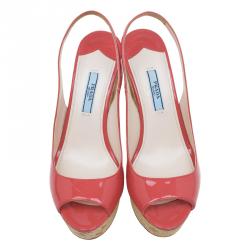 Pre Owned Prada Pink Patent Cork Platform Slingback Sandals Size 37 