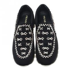 Pre Owned Prada Black Canvas Jeweled Slip on Sneakers Size 40