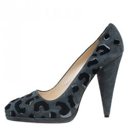 Pre Owned Prada Grey Leopard Print Suede Almond Toe Platform Pumps Size 39.5