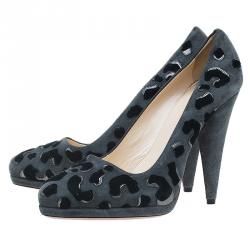Pre Owned Prada Grey Leopard Print Suede Almond Toe Platform Pumps Size 39.5