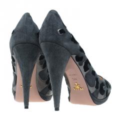 Pre Owned Prada Grey Leopard Print Suede Almond Toe Platform Pumps Size 39.5