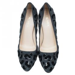 Pre Owned Prada Grey Leopard Print Suede Almond Toe Platform Pumps Size 39.5