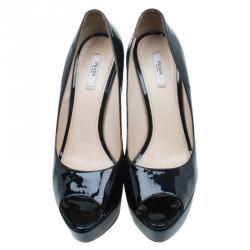 Pre Owned Prada Black Patent Peep Toe Platform Pumps Size 41