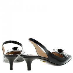 Pre Owned صندل برادا سباك بيك جلد أسود بوردة مزينة وفتحة كعب مقاس 39.5