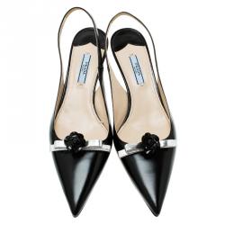 Pre Owned صندل برادا سباك بيك جلد أسود بوردة مزينة وفتحة كعب مقاس 39.5