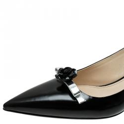 Pre Owned صندل برادا سباك بيك جلد أسود بوردة مزينة وفتحة كعب مقاس 39.5