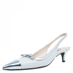 Pre Owned Prada White And Silver Leather Bow Detail Pointed Toe Slingback Sandals Size 39.5