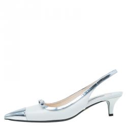 Pre Owned Prada White And Silver Leather Bow Detail Pointed Toe Slingback Sandals Size 39.5
