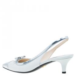 Pre Owned Prada White And Silver Leather Bow Detail Pointed Toe Slingback Sandals Size 39.5