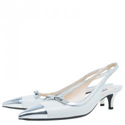 Pre Owned Prada White And Silver Leather Bow Detail Pointed Toe Slingback Sandals Size 39.5