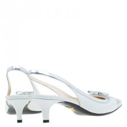 Pre Owned Prada White And Silver Leather Bow Detail Pointed Toe Slingback Sandals Size 39.5