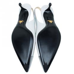 Pre Owned Prada White And Silver Leather Bow Detail Pointed Toe Slingback Sandals Size 39.5