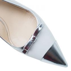 Pre Owned Prada White And Silver Leather Bow Detail Pointed Toe Slingback Sandals Size 39.5