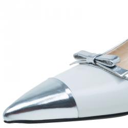 Pre Owned Prada White And Silver Leather Bow Detail Pointed Toe Slingback Sandals Size 39.5