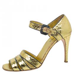 Pre Owned Prada Gold Snake Embossed Leather Mary Jane Sandals Size 37