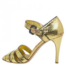 Pre Owned Prada Gold Snake Embossed Leather Mary Jane Sandals Size 37