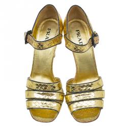 Pre Owned Prada Gold Snake Embossed Leather Mary Jane Sandals Size 37