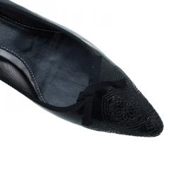Pre Owned Prada Black Patent Embroidered Pointed Pumps Size 37