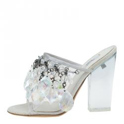 Pre Owned Prada Grey Satin and PVC Plex Crystal Chandelier Mules Size 38