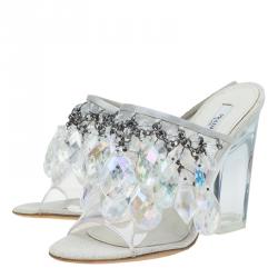 Pre Owned Prada Grey Satin and PVC Plex Crystal Chandelier Mules Size 38
