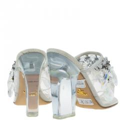 Pre Owned Prada Grey Satin and PVC Plex Crystal Chandelier Mules Size 38