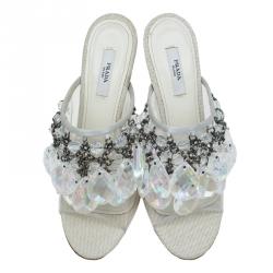 Pre Owned Prada Grey Satin and PVC Plex Crystal Chandelier Mules Size 38
