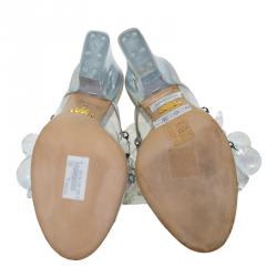 Pre Owned Prada Grey Satin and PVC Plex Crystal Chandelier Mules Size 38