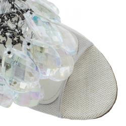 Pre Owned Prada Grey Satin and PVC Plex Crystal Chandelier Mules Size 38