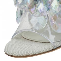 Pre Owned Prada Grey Satin and PVC Plex Crystal Chandelier Mules Size 38