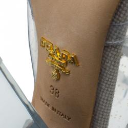 Pre Owned Prada Grey Satin and PVC Plex Crystal Chandelier Mules Size 38