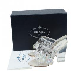 Pre Owned Prada Grey Satin and PVC Plex Crystal Chandelier Mules Size 38