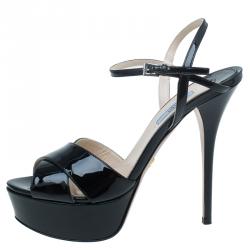 Prada Black Patent Criss Cross Platform Sandals Size 40 