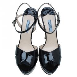 Prada Black Patent Criss Cross Platform Sandals Size 40 