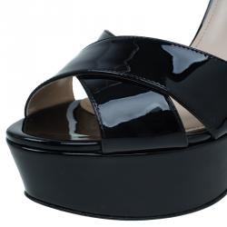 Prada Black Patent Criss Cross Platform Sandals Size 40 