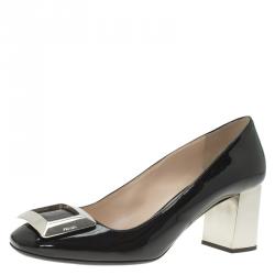 Pre Owned Prada Black Patent Leather Buckle Block Heel Pumps Size 38.5