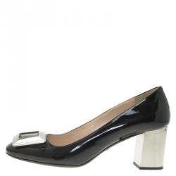 Pre Owned Prada Black Patent Leather Buckle Block Heel Pumps Size 38.5