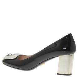 Pre Owned Prada Black Patent Leather Buckle Block Heel Pumps Size 38.5