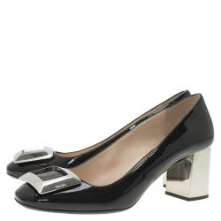 Pre Owned Prada Black Patent Leather Buckle Block Heel Pumps Size 38.5