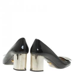 Pre Owned Prada Black Patent Leather Buckle Block Heel Pumps Size 38.5